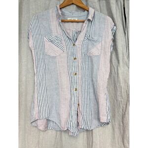 Mod Boutique Linen Blend Striped Button Down Sleeveless Shirt Blue Red Large